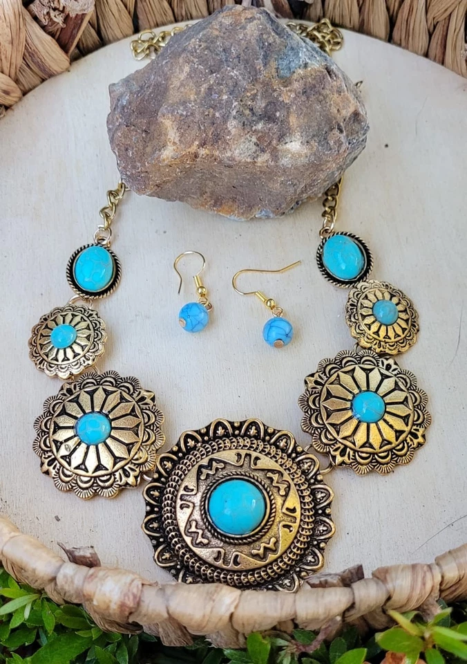 Juego de pendientes collar vintage con incrustaciones de círculo turquesa para mujer Foto 1 de 1