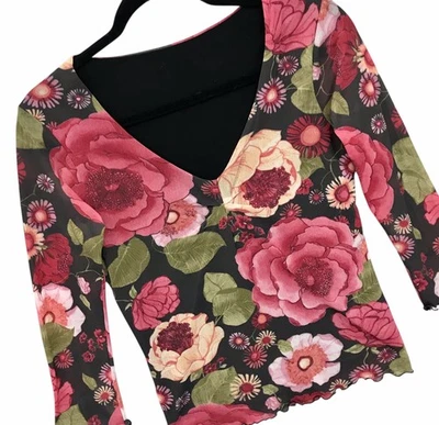 Top de malla floral Y2K de colección años 90 cuello en V boho babydoll elástico Weston Wear talla L Foto 1 de 4