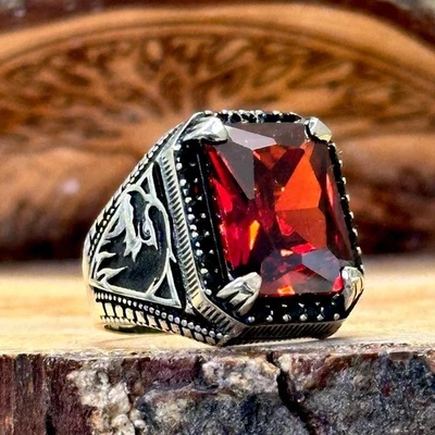 925 Silver Men Red Ruby Stone Eagle Model Men Ring - Image 1 of 4