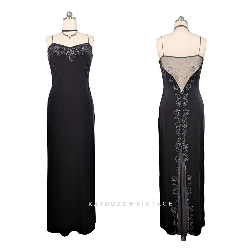 Vintage Dave Johnny Prom Dress Maxi Gown 8 Black Velvet Y2K 90S Goth Velvet Glam - Image 1 of 4