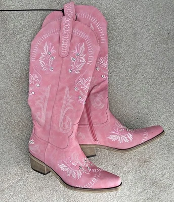 NEW! Women's Pink Embroidered Knee High Cowboy Boots w/ Rhinestones, 7.5 - Image 1 of 4