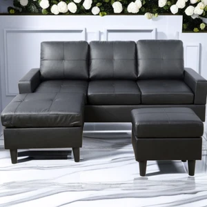 PU Leather L-Shaped Sectional Sofa With Ottoman Modular Couch Modern Living Room - Picture 1 of 24