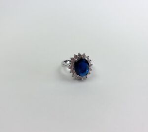 Princess Diana Inspired Ring Simulated Sapphire Silver Tone Ring Size 8 1/4