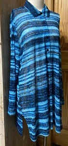 Chico’s Sz 3 Travelers Watercolor Blue Aqua Duster Shirt Semi-Sheer Mesh EUC - Picture 1 of 8