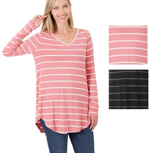Zenana Womens Long Sleeve V-Neck Dolphin Hem Striped Top - Picture 1 of 11