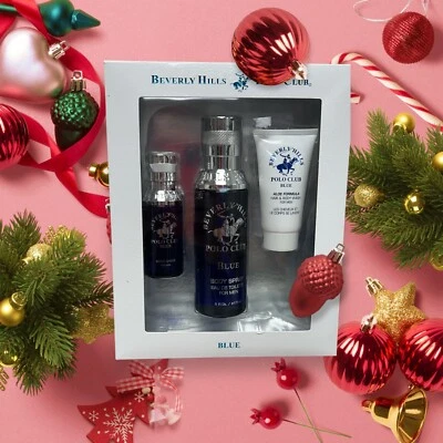 Beverly Hills Polo Club Azul Para Hombres Spray, Jabón para Cabello y Cuerpo, Después del Afeitado Juego de 3 piezas Foto 1 de 4