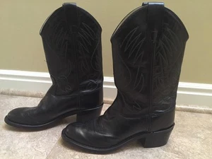 OLD WEST YOUTH BLACK LEATHER WESTERN COWBOY BOOTS SIZE 5.5 STYLE CCY 1110G EUC - Picture 1 of 12