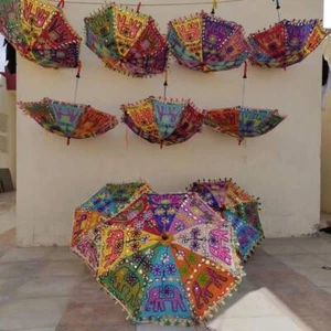 Indian Vintage Cotton Mirror Work Elephant Print Sun Shade Wedding Umbrellas Lot - Picture 1 of 4