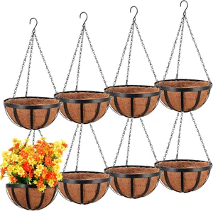 8 Pcs Metal Hanging Basket with Coconut Coir Liner Hanging Flower Basket with Ch - Picture 1 of 7