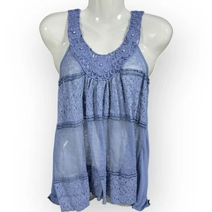 Vanity Tank Top Womens Sz XL Beaded V-Neck Blue Crochet Flowers Sheer Lace Boho - Picture 1 of 9