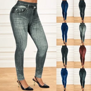 Women Stretchy Denim Look Leggings Ladies High Waist Skinny Jeggings Pants - Picture 1 of 32