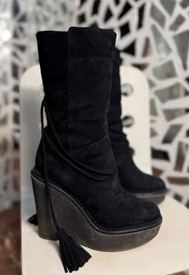 Yves Saint Laurent Rive Gauche black suede wedge heel boots for women's size 37 - Image 1 of 4