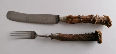 N. Hilzinger Messer und Gabel Besteckset mit Horngriff, Jagdbesteck  - Bild 1 von 4