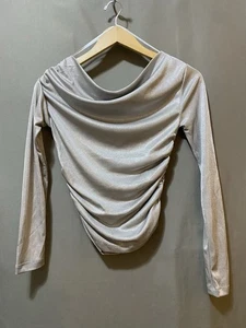 NWOT ZARA Women Long Sleeve Asymmetric Ruched Metallic Knit Top Size M Silver - Picture 1 of 14