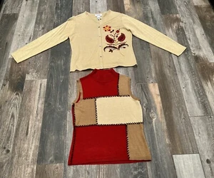 Bob Mackie Sweater Set Medium Colorblock Embroidered Wool Blend Red Brown Floral - Picture 1 of 12