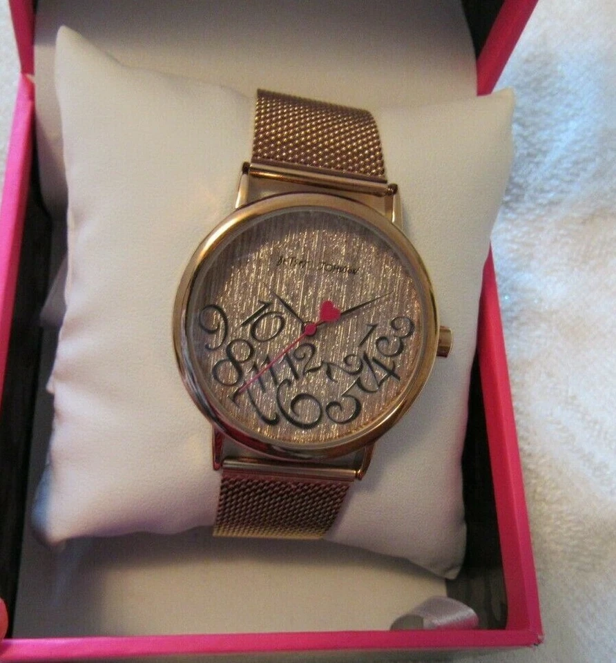 Betsey Johnson Falling for Mesh Metallic Rose Gold Glitter Dial 44mm Watch