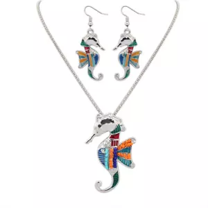 Colorful Seahorse Pendant and Earring Set Silver Chain Necklace USA Shipper #7 - Picture 1 of 4