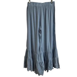 Umgee Womens Size M Dusty Blue Eyelet Hem Wide Leg Bell Bottom Pants Boho Pocket - Picture 1 of 9