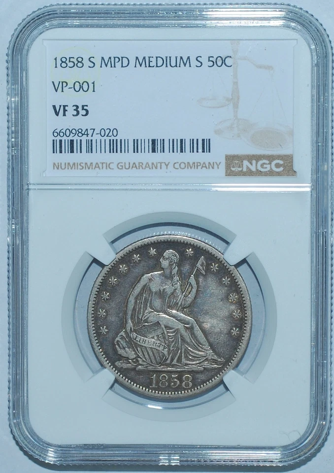 1858 S NGC VF35 VP-001 WB-12 MPD Misplaced Date Seated Liberty Half Dollar - Image 1 of 3