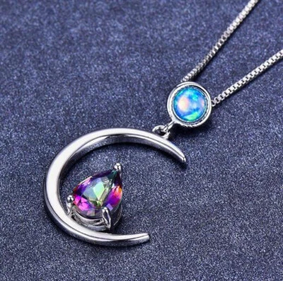 Shine Xmas Gift Moon Shape Mystic Topaz Round Fire Opal Silver Necklace Pendants - Image 1 of 4