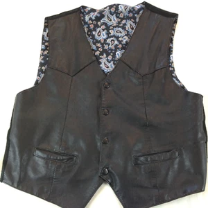 SHELTER BAY 100% Vera Pelle Full Snap Nero Foderato Paisley Gilet Uomo Taglia M - Foto 1 di 7