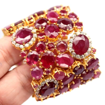 Heated Gemstones Red Ruby & White Zircon 925 Sterling Silver Bracelet - Image 1 of 4