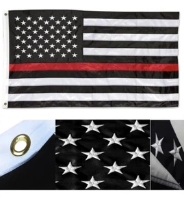 Bandera negra delgada línea roja de bomberos bordada de doble cara de 3'x5 - Imagen 1 de 10