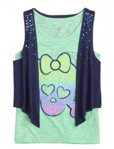 NUEVO CON ETIQUETAS Justice Girls Brillo Calavera Como Nuevo y Azul Marino Chaleco Camiseta sin Mangas 10 NUEVO - Imagen 1 de 1