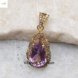 Baguette Pave Diamant Amethyst Charm Anhänger vergoldet 925 Silber Schmuck - Bild 1 von 5