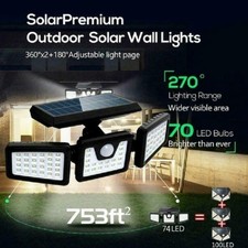 74LED 3 Head Security Detector Solar Spot Light Motion Outdoor Floodlight X2F5