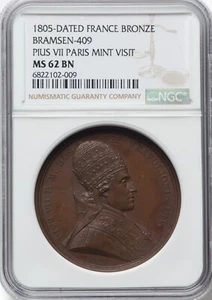 France - 1805 Bronze "Pius VII Paris Mint Visit" Medal - NGC MS62BN- HIGH RELIEF - Picture 1 of 2