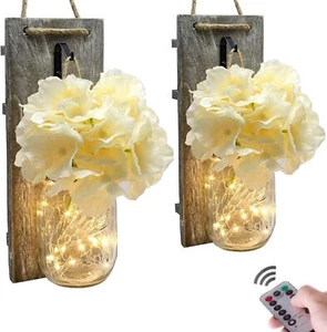 Set of 2 - Rustic Wall Sconces - with Flowers, Mason Jars, Lights for Home Decor - Picture 1 of 25