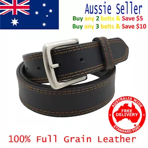 35mm Full Grain Cowhide Double Stitched Black / Brown / Tan Mens Leather Belt - Picture 1 of 35