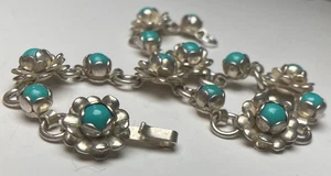 Taxco-Vintage 925-Turquoise Flower Bracelet-6.5"  Long  3/8" Wide- Eagle Mark 31 - Picture 1 of 15