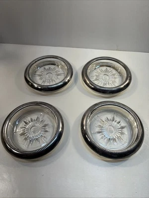 复古 4 件套纯银边缘玻璃杯垫 Starburst 设计  — 第 1/4 张图片