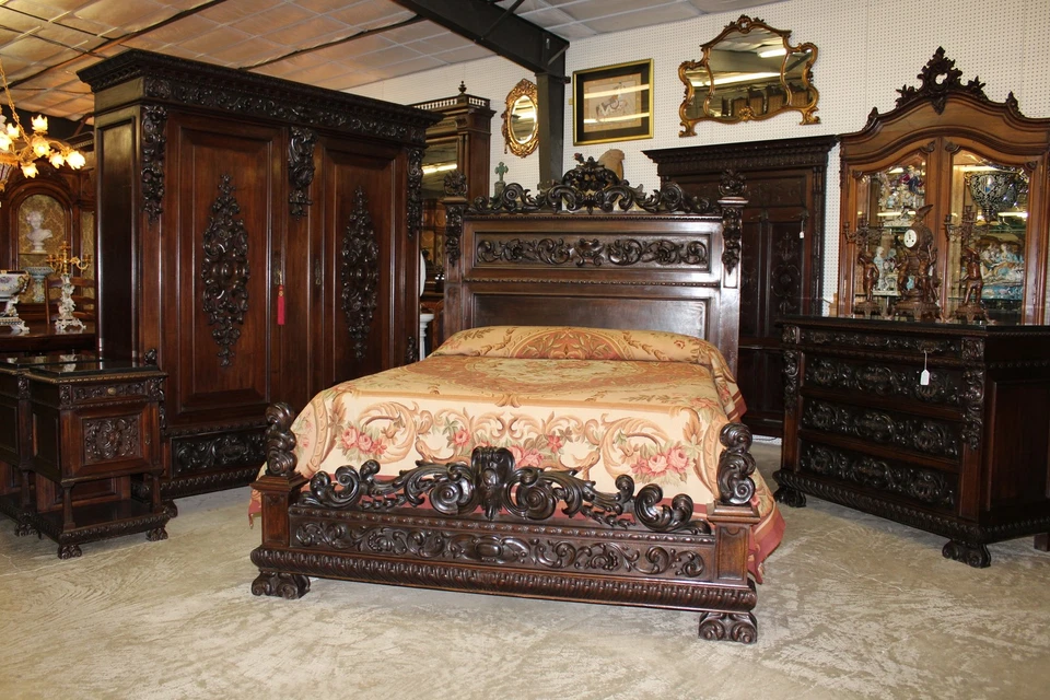 Antique Carved Italian Walnut 1800's Five Piece Queen Bed Bedroom Set - Image 1 of 4