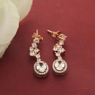 3 Ct Oval Cut Simulated Diamond Halo Dangle-Drop Earrings 14K Rose Gold Plated - Image 1 of 4