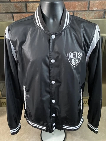 NBA Brooklyn Nets Basketball Satin Snap Varsity Jacket Coat Mens Medium Black Cover