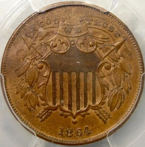 1864 TWO CENT PIECE SMALL MOTTO GORGEOUS VERY SCARCE PCGS AU DETAIL - Picture 1 of 6