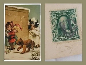 ANTIQUE RARE 1900s STAMP BENJAMIN FRANKLIN 1C W CHRISTMAS EMBOSSED ART POSTCARD  - Picture 1 of 9