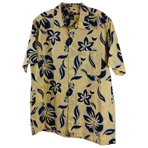 Cherokee Mens Sz M Hawaiian Yellow Button Up Short Sleeve Shirt Floral Cotton - Picture 1 of 7