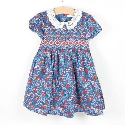 SIGUIENTE Vestido Estampado Floral Cuello Bordado Calado Azul Rojo Niñas Talla 4-5Y Foto 1 de 4