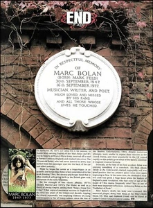 Banda T. Rex Marc Bolan 1947-1977 Grave Site Tribute 8 x 11 artículo aviso de muerte - Imagen 1 de 3