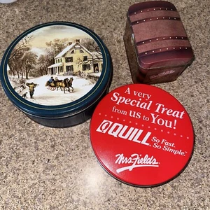 Set 3 Nested Christmas Cookie Tins 2-Mrs Fields 1-sleigh ride scene Round 6”7"8" - Picture 1 of 3