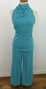 Conjunto de falda y pantalón halter top vintage años 70 3 piezas bebé azul poliéster disco mod acampanado - Imagen 1 de 10