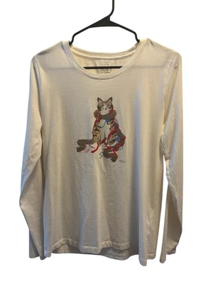 Camiseta J Crew Collector Manga Larga Crema Talla M Navidad Vacaciones Gato Gráfico Foto 1 de 3