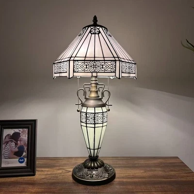 Tiffany Style Table Lamp White Stained Glass Shade And Base LED Bulbs 22"H*12'W - Image 1 of 4