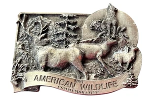 Hebilla de cinturón de vida silvestre americana vintage peltre metal alce ciervo lobo años 80 hecho en EE. UU. - Imagen 1 de 6