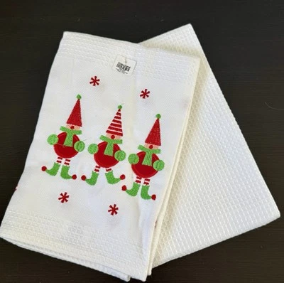 Juego de 2 - Paños de cocina ELF de vacaciones para caja y barril bordados 100 % algodón - Nuevos Foto 1 de 4