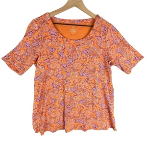 J Jill Pima-Slub Scoop Neck Side Slit Tee Women Large Petite Orange Paisley - Picture 1 of 14